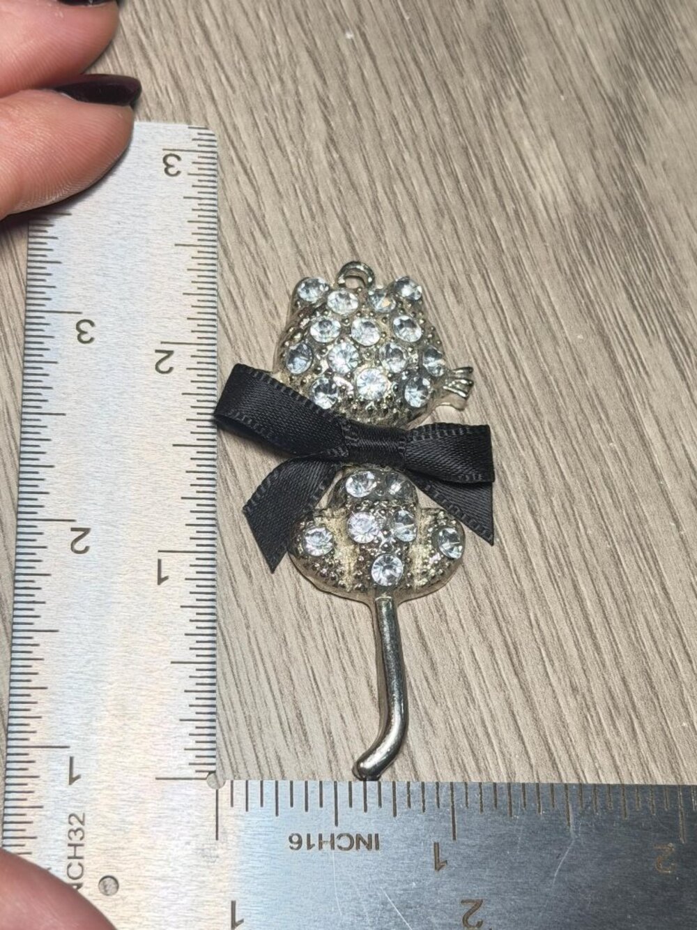 Cat Pendant OOAK Vintage Rhinestone  Black Bow Kitty Charm Silver Tone 2.5" - Picture 5 of 7